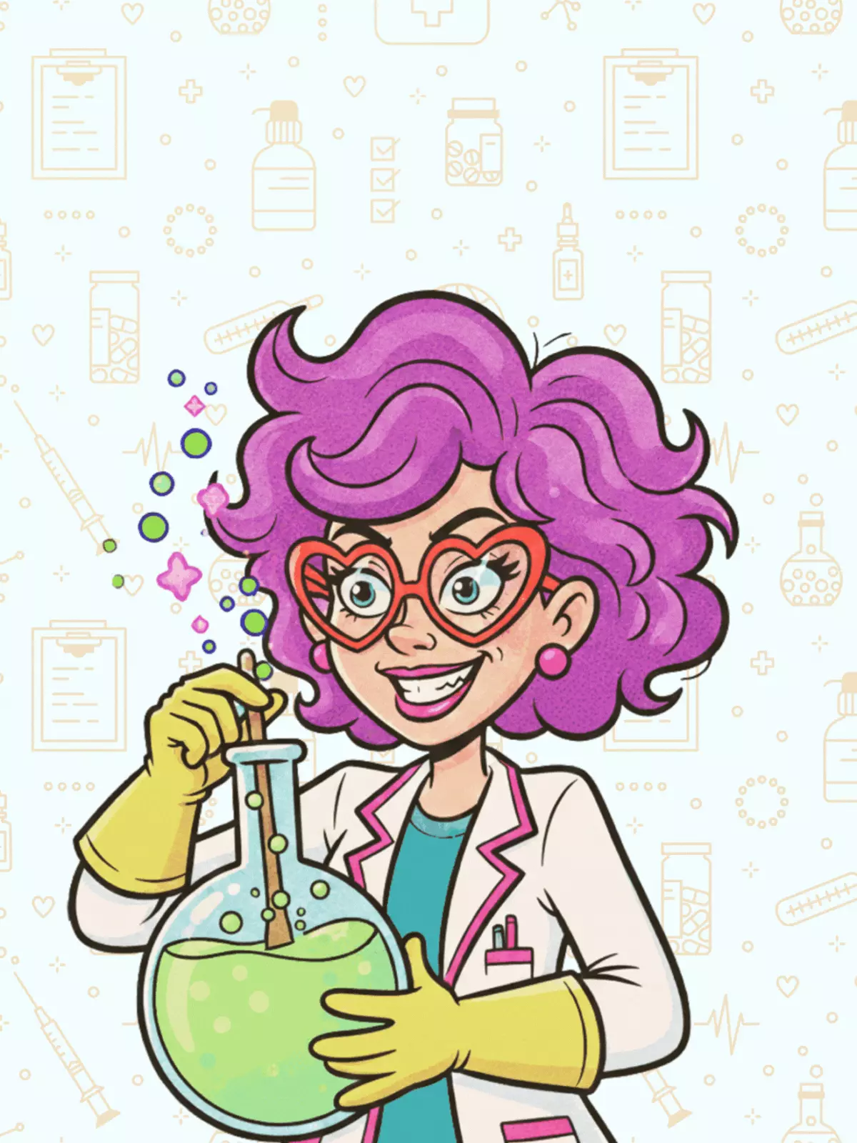 Retro cartoon-style love card featuring a neon 'Potion of Love' design, playful imbalance, atomic era aesthetic, perfect for expressing love.