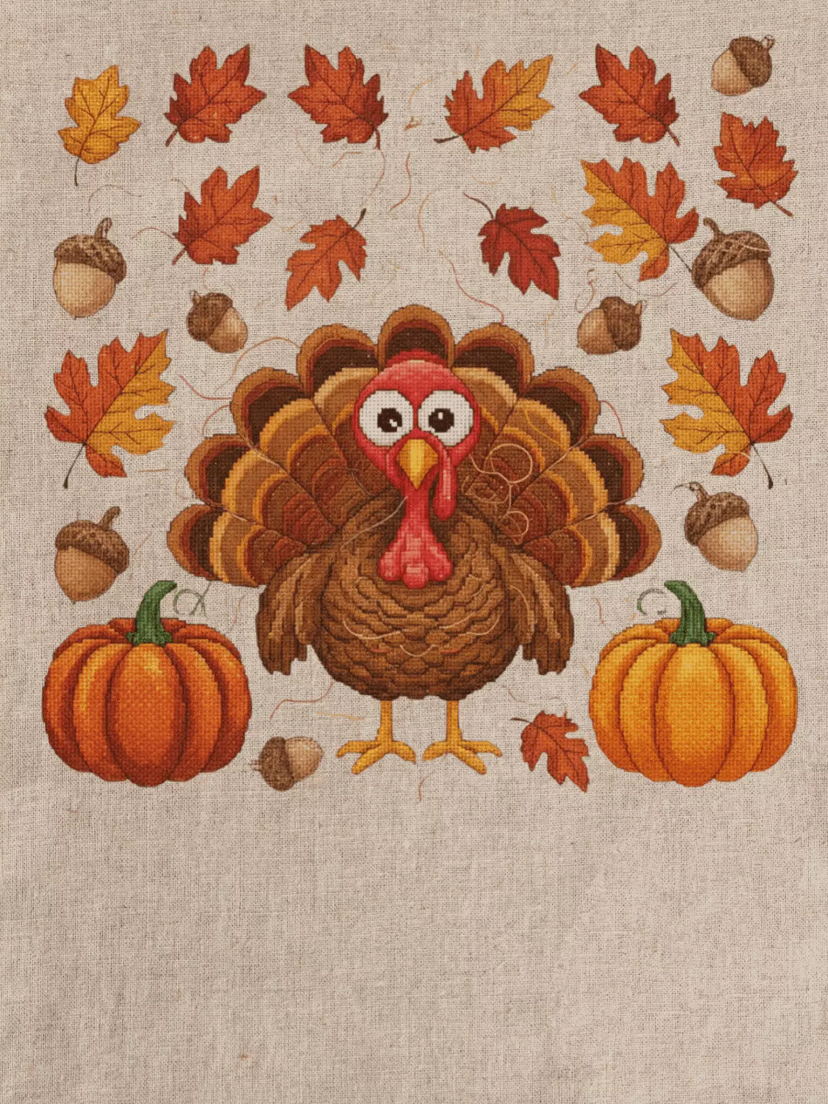 Funny Thanksgiving card featuring an embroidery effect with cross-stitched elements, textured fabric design, and a lighthearted message, perfect for friends and loved ones.