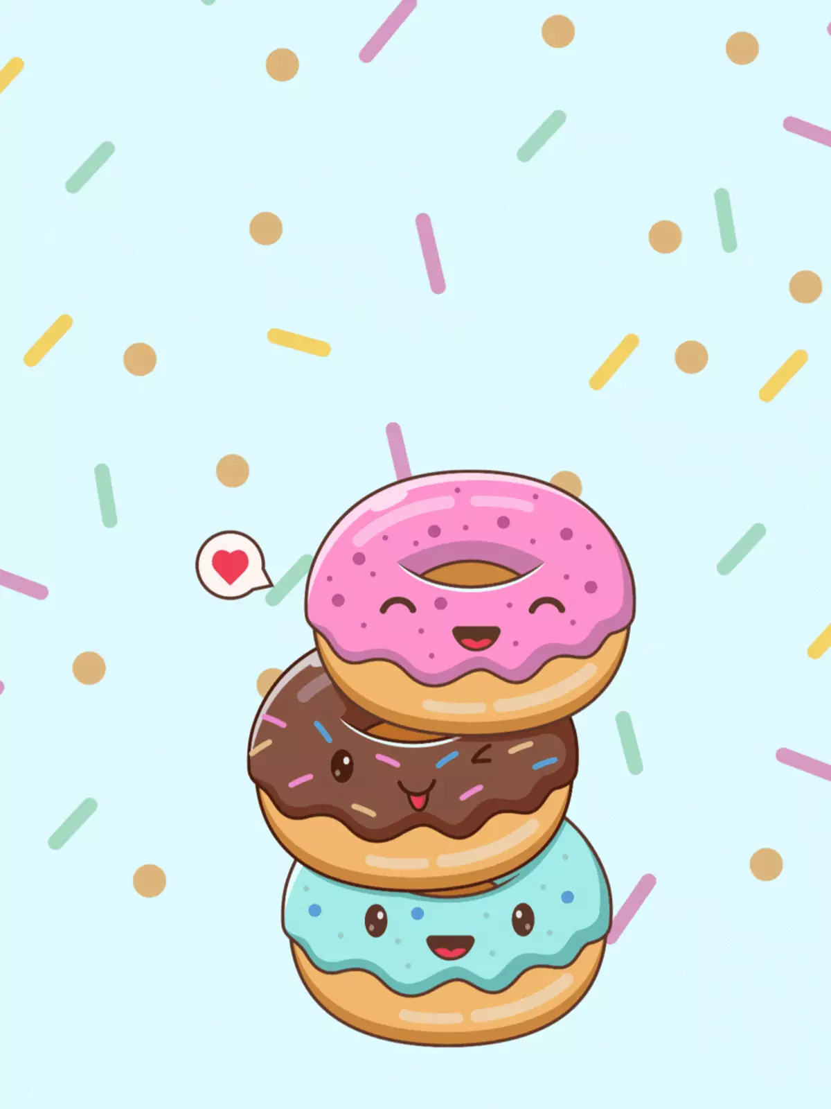 Funny New Year's card featuring a stack of doughnuts with party hats and confetti, illustration style, for kids and friends.