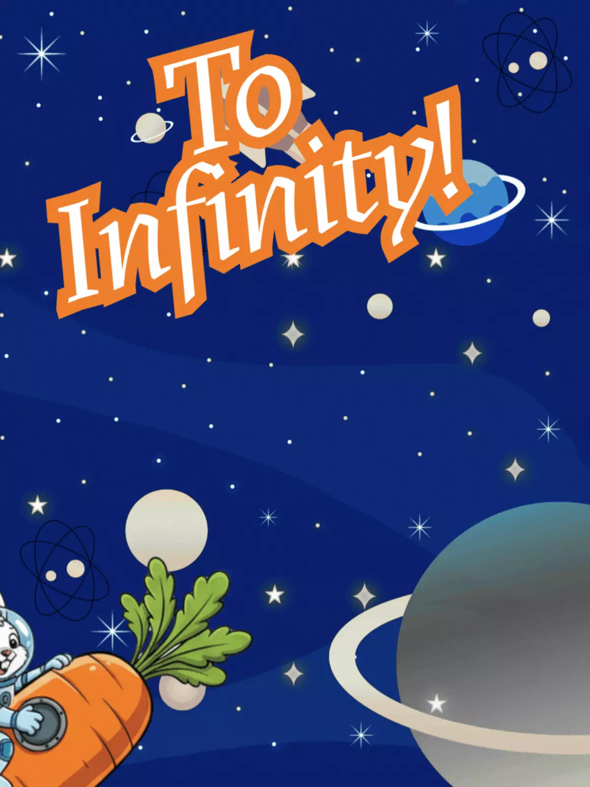 Easter card featuring a bunny riding a carrot rocket in space, borderless design, illustration style, funny and playful.