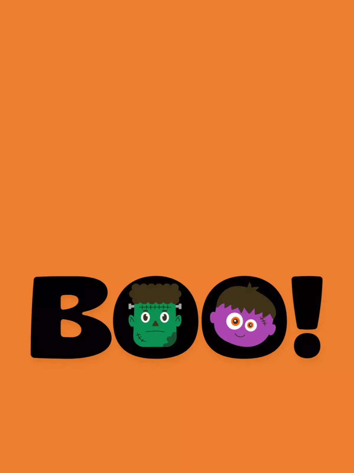 Halloween card featuring the word 'BOO' in a bold, playful typography, spooky and funny design, perfect for sending Halloween greetings to friends