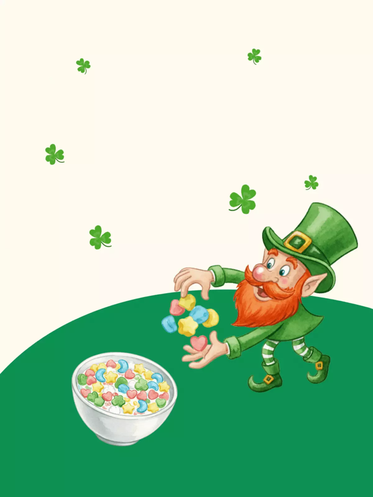 Humorous St. Patrick's Day card with a watercolor design inspired by Lucky Charms cereal, featuring a diagonal composition and playful font, perfect for friends and kids.