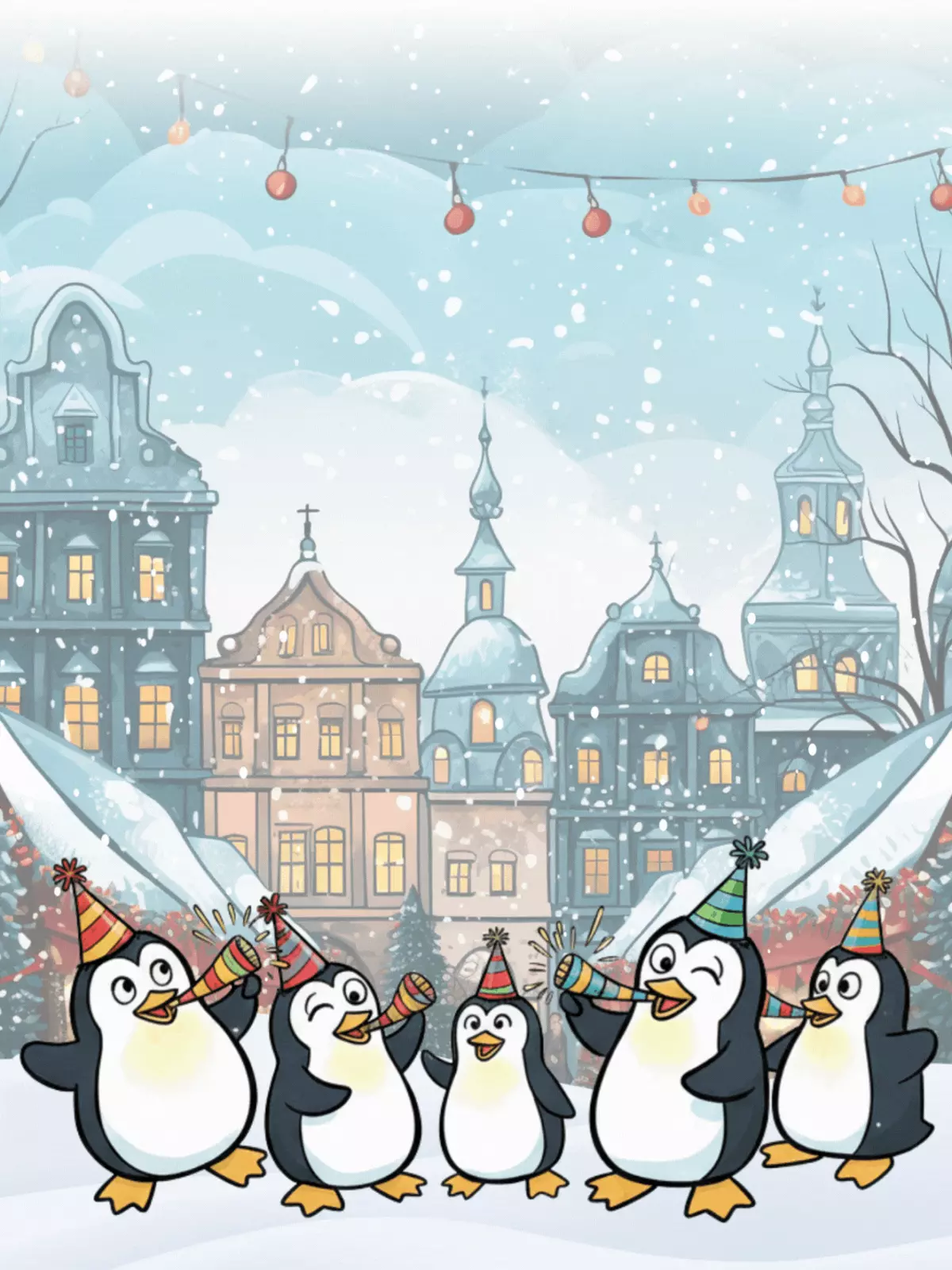Illustration of penguins celebrating the holidays, colorful and funny, perfect for sending warm holiday greetings.
