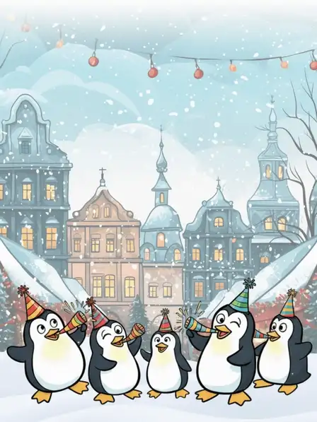 Illustration of penguins celebrating the holidays, colorful and funny, perfect for sending warm holiday greetings.