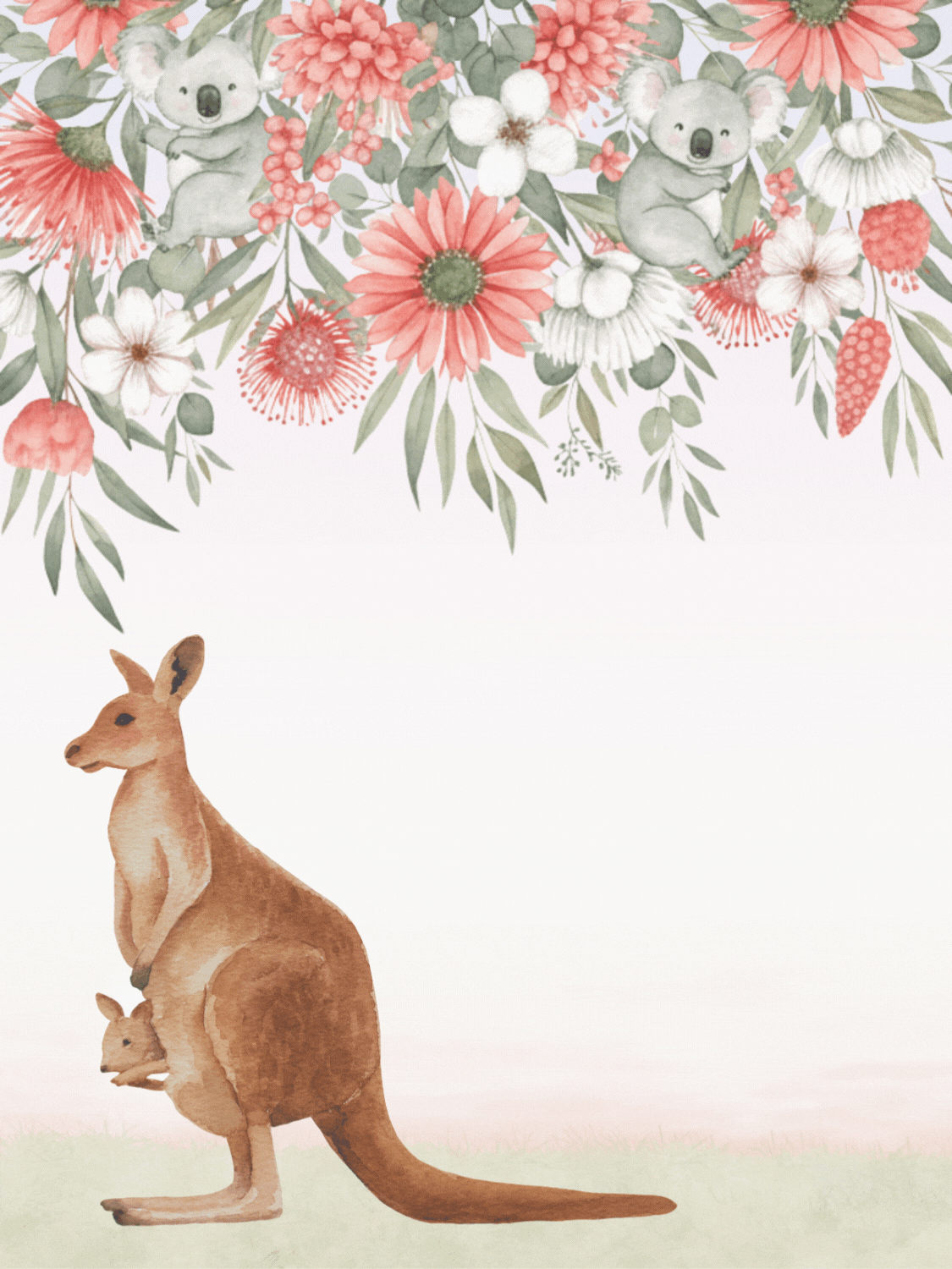 Watercolor Australia Day card featuring 'G'Day Mate!' text and native Australian flora and fauna in a top-heavy design.