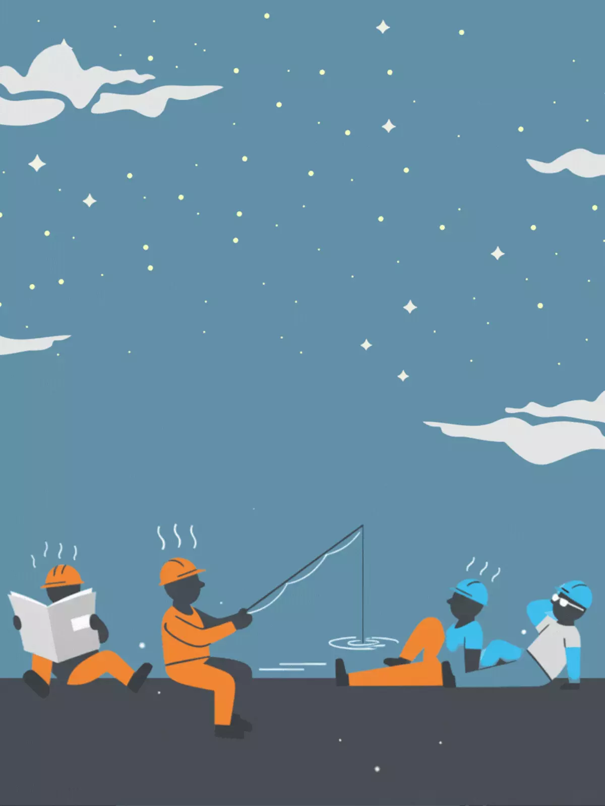 Funny Labor Day card featuring a bottom-heavy illustration of construction workers relaxing, minimalist design, playful and modern style.