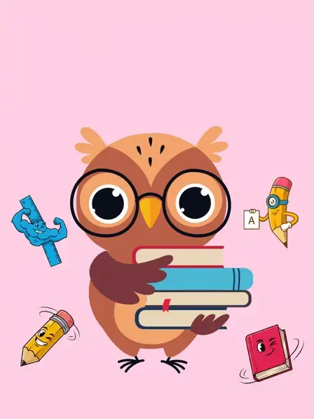 Funny Teacher's Day card with cartoon pencil, ruler, and book, complementary colors, whimsical design for kids.