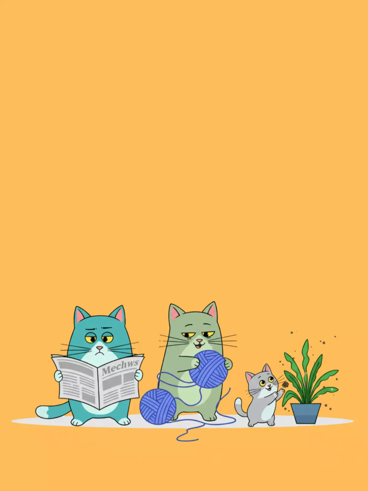 Funny Family Day card featuring a family of cats in cool tones, engaging in silly activities like playing with yarn and knocking things over, humorous design.