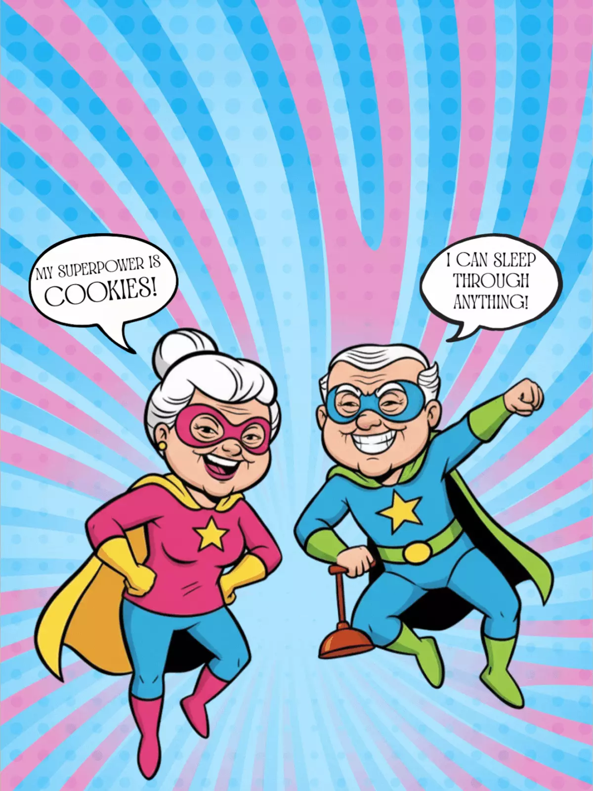 Humorous Grandparents Day card featuring cartoon grandparents dressed as superheroes with capes, whimsical design, colorful and playful.