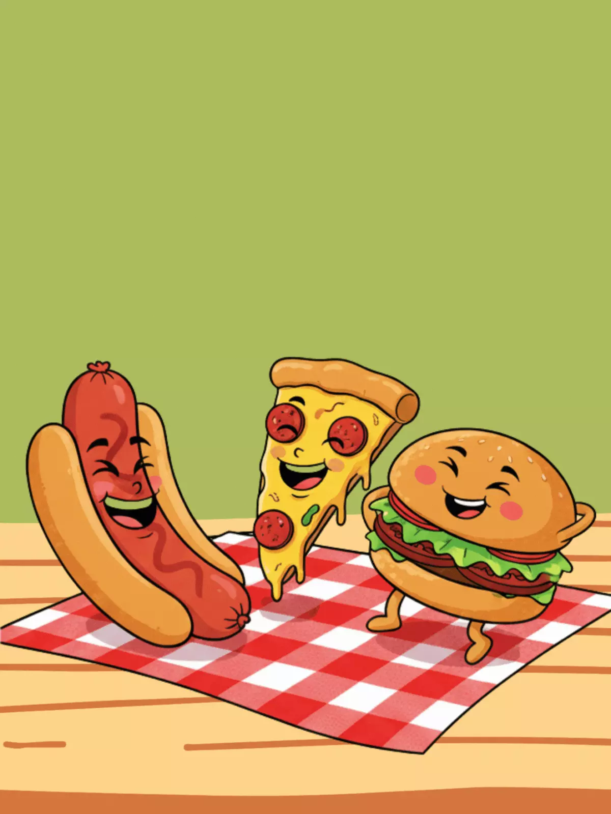 Humorous Family Day card featuring a family of food characters having a picnic, whimsical design, bright colors, playful mood.