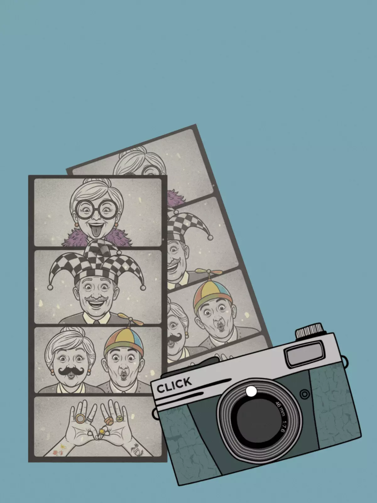 Vintage-style Grandparents Day card with a funny photo booth strip of grandparents, desaturated colors, humorous and whimsical design.