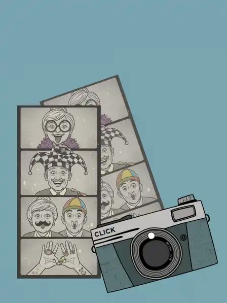 Vintage-style Grandparents Day card with a funny photo booth strip of grandparents, desaturated colors, humorous and whimsical design.