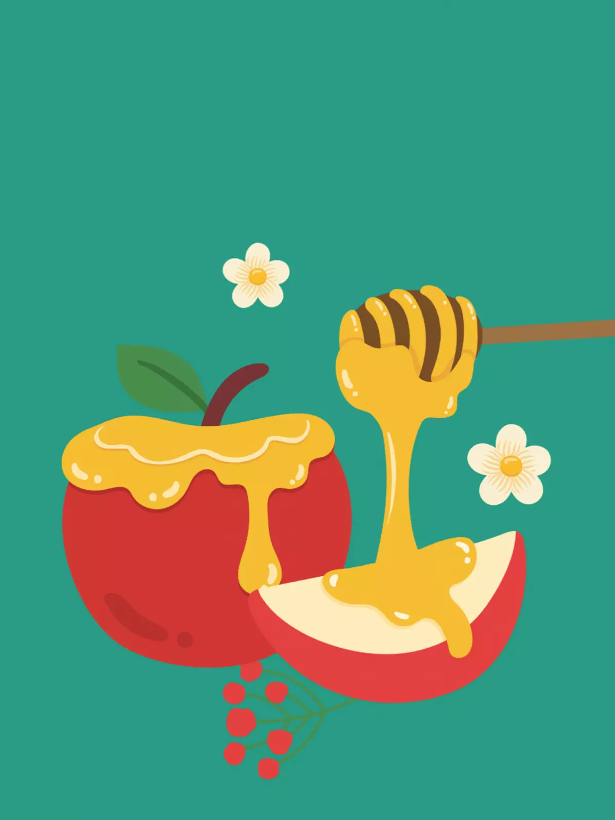 Rosh Hashanah card featuring a flat design of an apple and honey jar, symbolizing sweetness and a happy New Year.