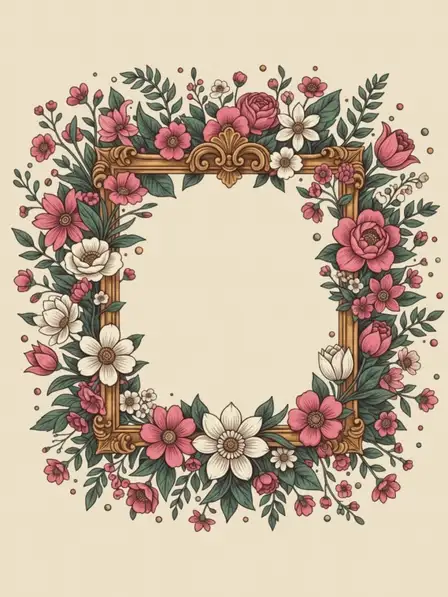 Vintage-style floral Forgiveness Day card featuring overlapping botanical illustrations and ornate frames, rich colors, maximalist design.