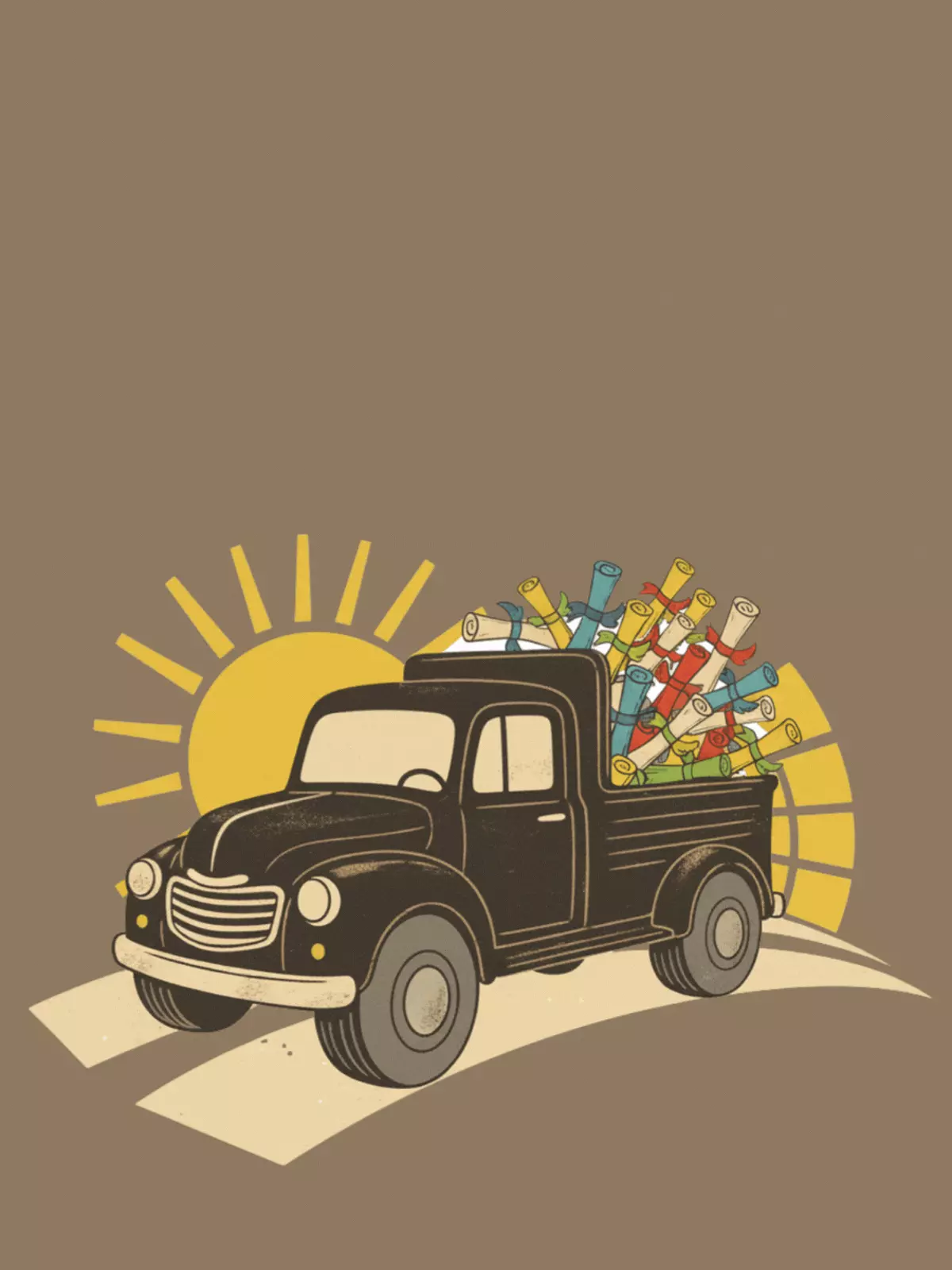 Vintage-style graduation card featuring a delivery truck overflowing with diplomas, retro design, funny graduation greeting