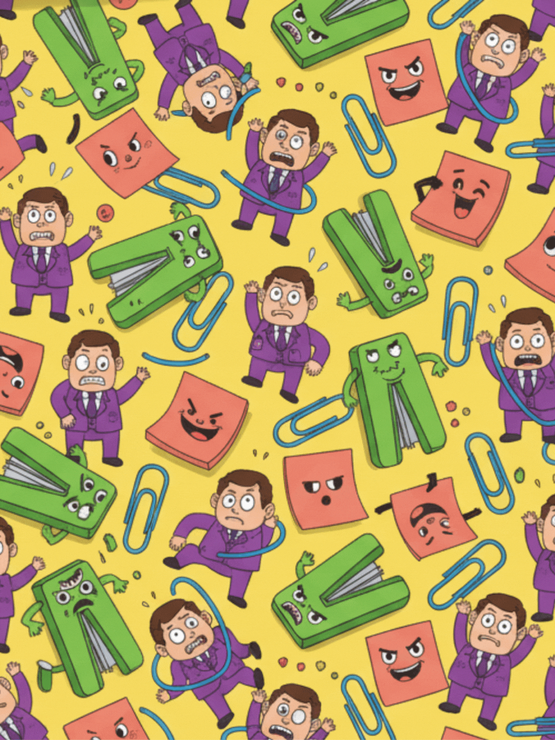 Funny Boss Day card featuring a pattern of office supplies attacking a small boss figure, abstract and playful design.