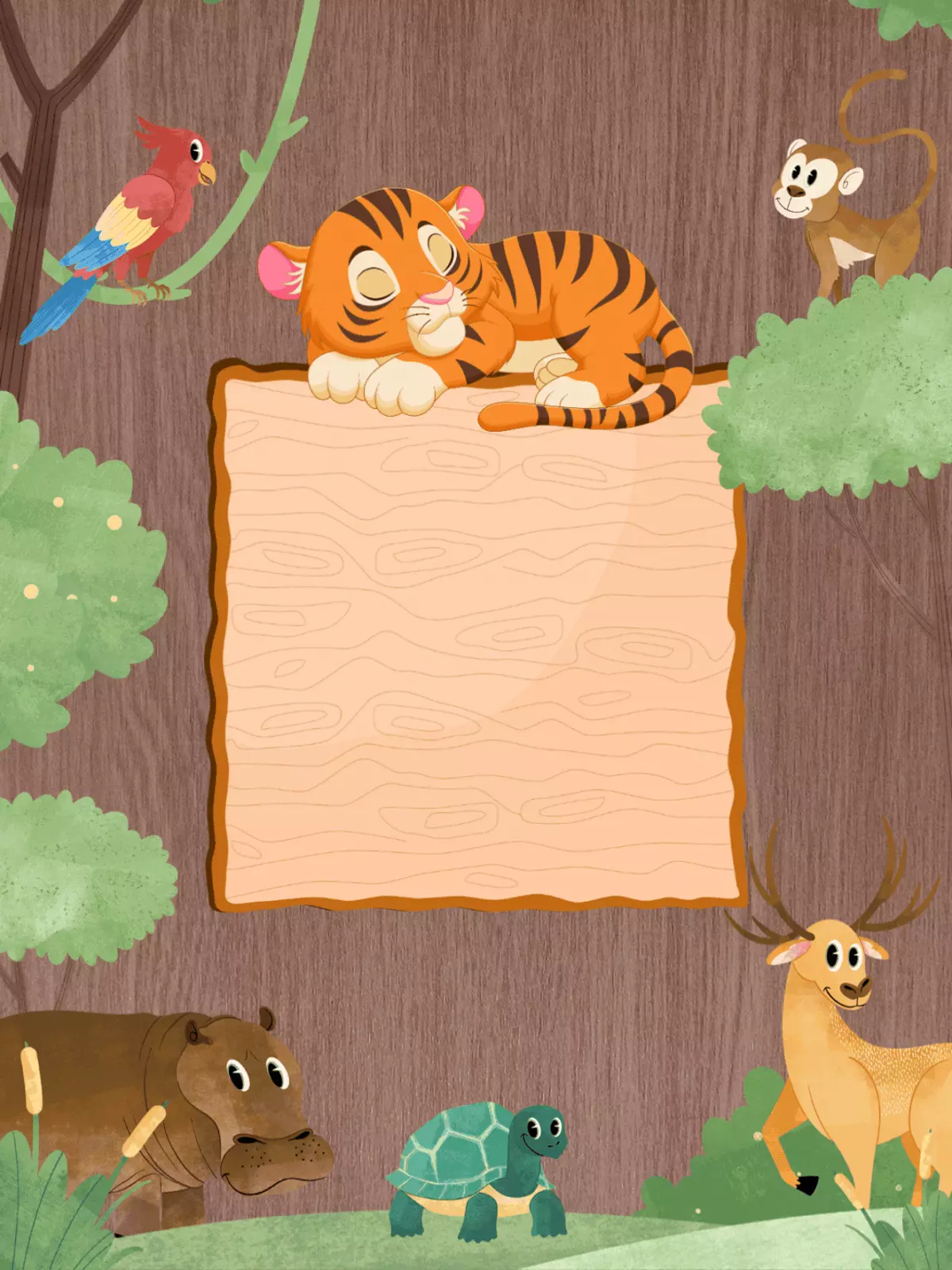 Funny retirement card featuring cartoon woodland animals signing a retirement card for a wise old tree, set against a wood grain background.