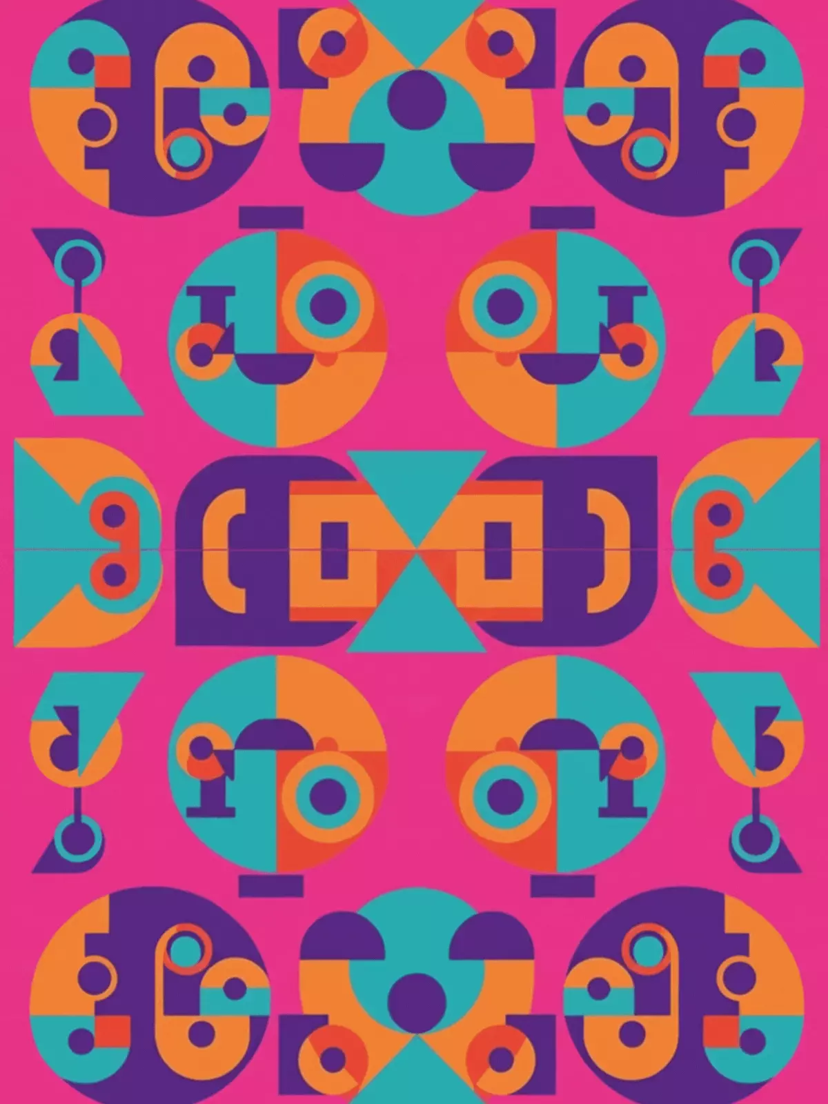 Funny symmetrical abstract greeting card with silly faces and bright colors, perfect for friends