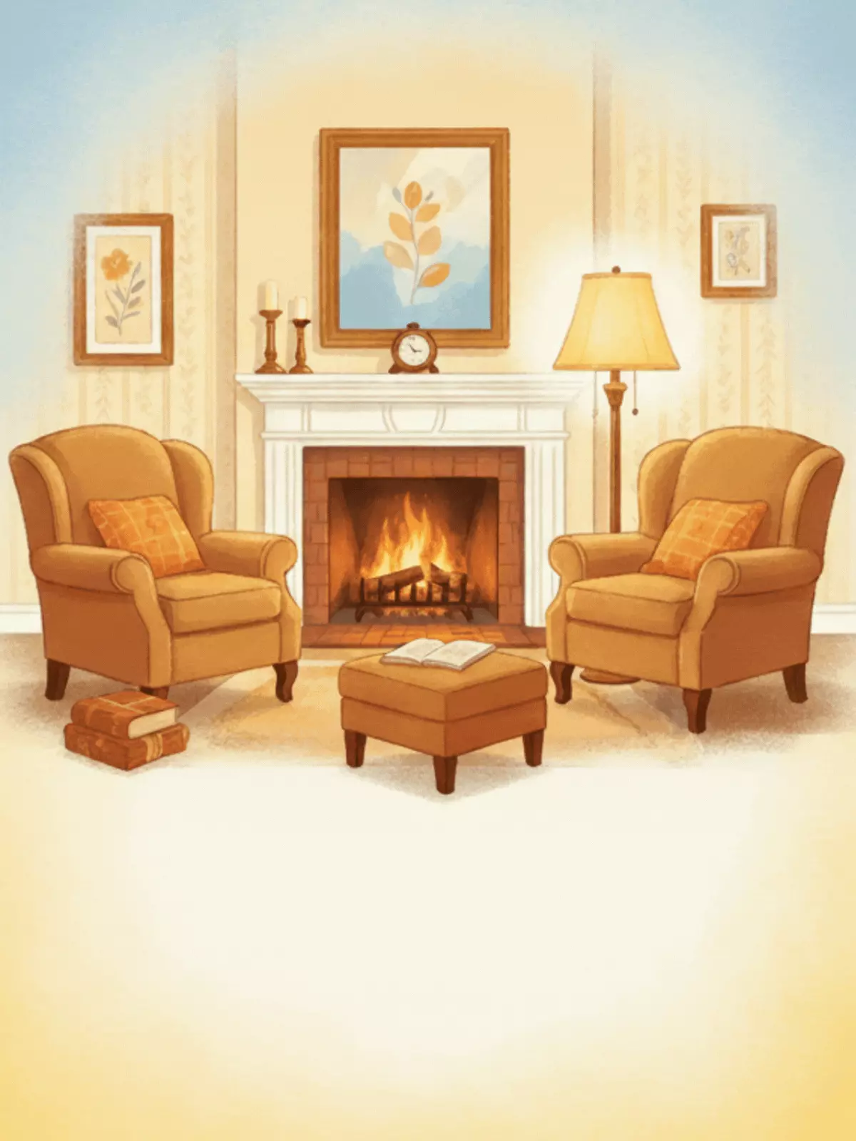 Welcome back greeting card with elegant script font and a warm illustration of a cozy home, welcoming design for friends and family.