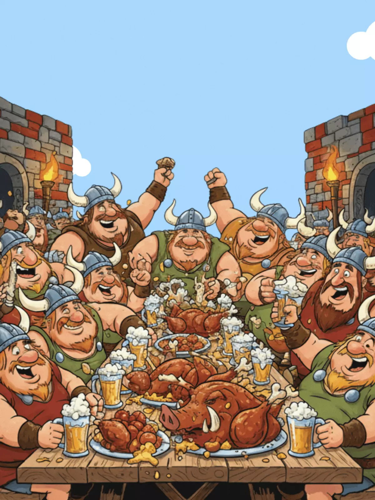 Cartoon Viking birthday card featuring a raucous feast with Vikings celebrating with mead horns. Funny and Nordic-themed, perfect for birthdays.