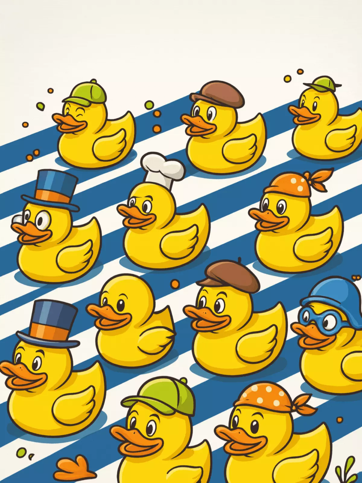 Funny baby shower card featuring a horizontal line of rubber duckies racing, playful illustration style, bright colors, perfect for welcoming a new baby