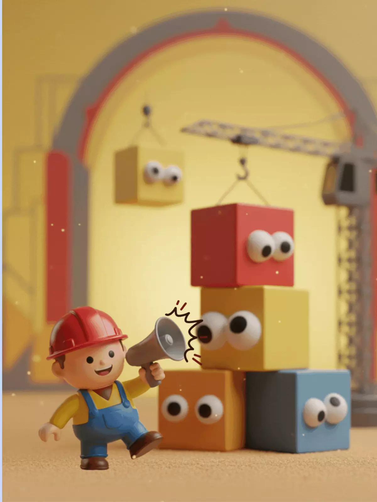 Humorous new baby card featuring a miniature construction worker directing baby blocks, construction site theme, funny and playful design.