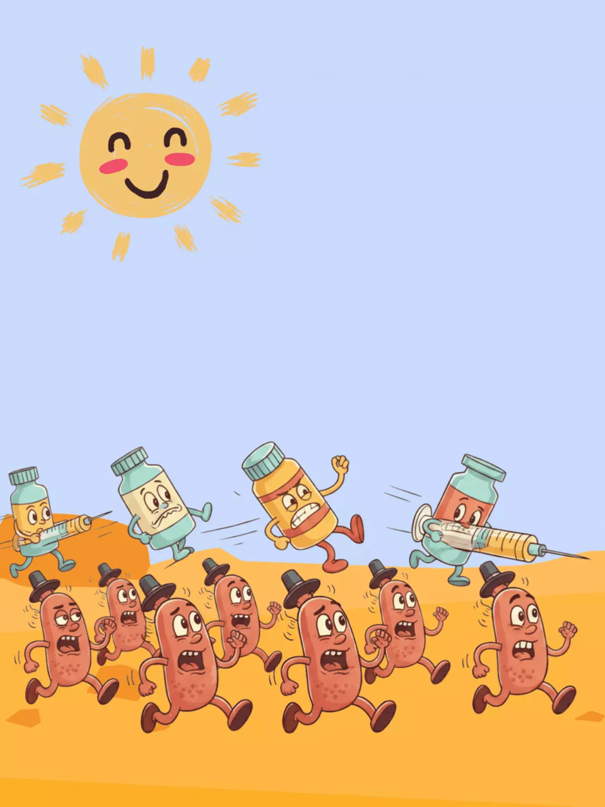 Humorous get well card featuring layered illustration of germs running away from medicine, bright colors, playful design for kids.