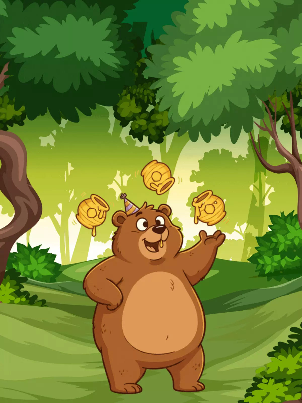 Cute birthday card featuring a bear juggling honey pots in a forest setting, wood grain texture, illustration style, for kids and friends