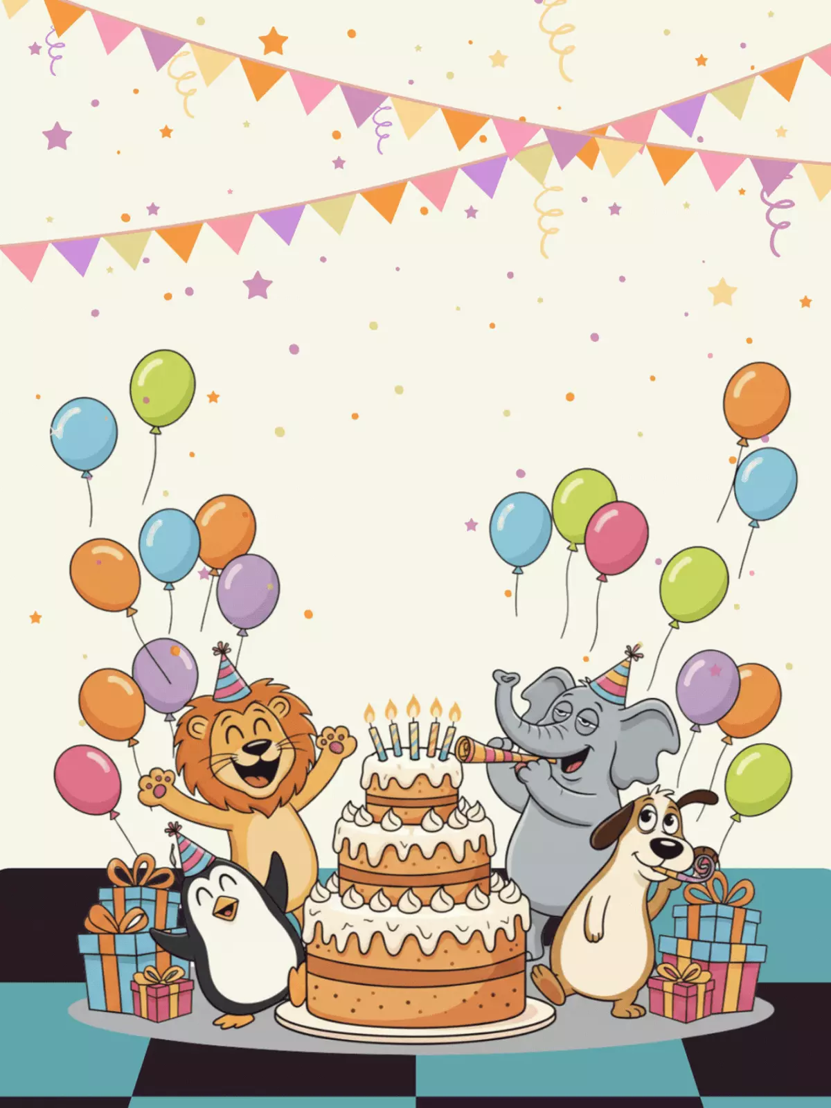 Colorful and funny cartoon birthday card with layered depth, featuring a celebratory scene with balloons and party decorations.