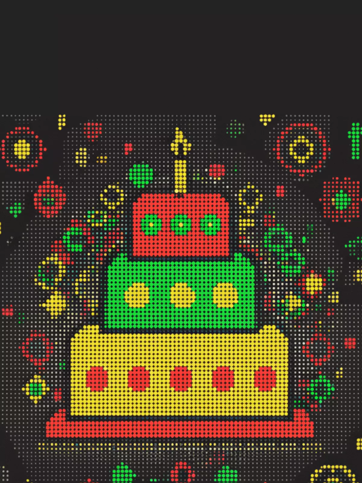 Dot matrix birthday card featuring a birthday cake made of dots, retro style, colorful, perfect for birthday celebrations.