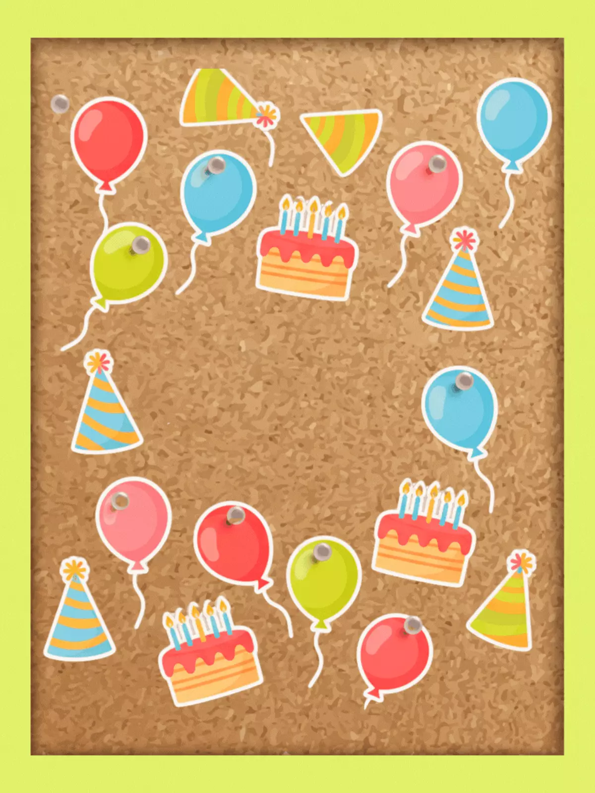 Playful birthday card featuring a cork texture background with colorful paper cutouts and pin illustrations.