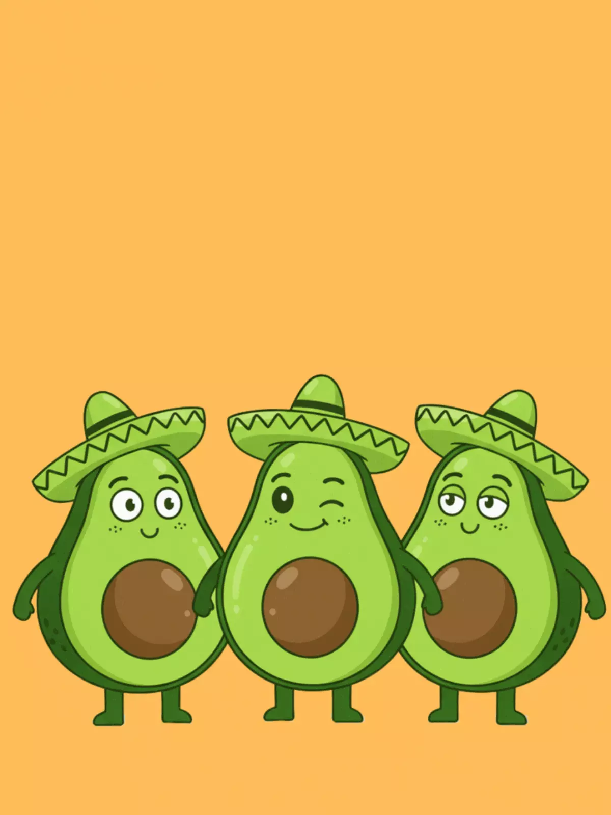 Humorous "Just Saying Hi!" card featuring three avocados wearing sombreros, minimalist style, thinking of you greeting