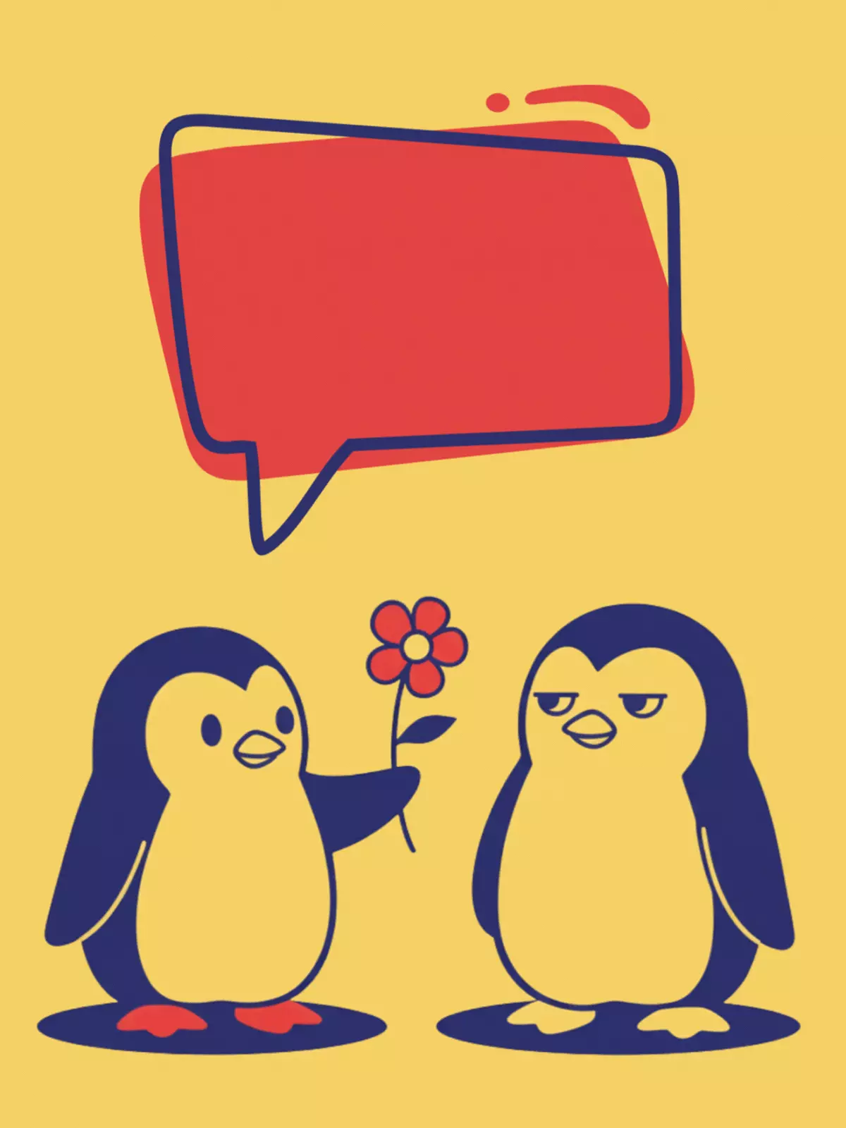 Funny anniversary card featuring awkward penguins in a romantic pose, designed with primary colors, illustration style, perfect for a humorous anniversary greeting.