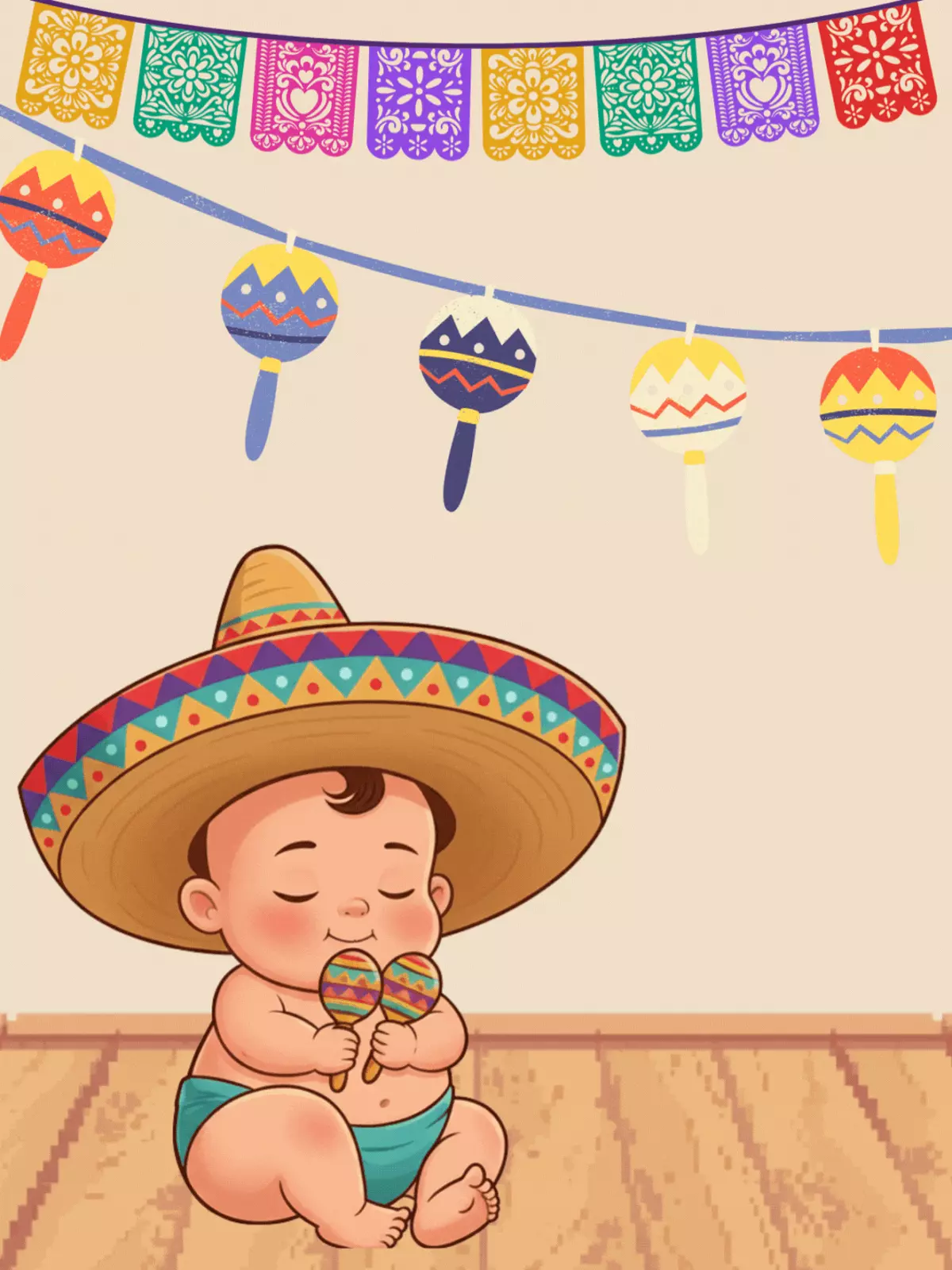 Humorous baby shower card featuring a sleeping baby with a sombrero and maracas, inspired by Mexican folk art.