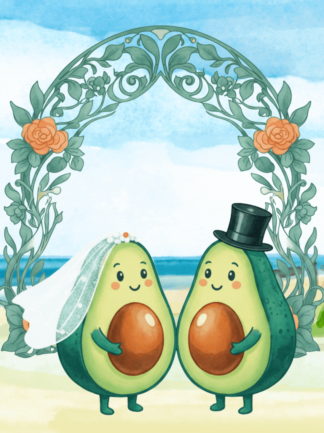 Humorous wedding card featuring two cartoon avocados getting married in a watercolor style, with the text 'Avocad-O Yeah!' Funny and artistic wedding greeting.