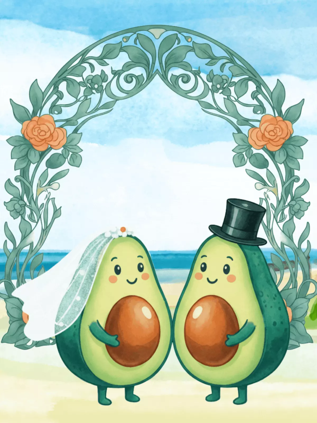 Humorous wedding card featuring two cartoon avocados getting married in a watercolor style, with the text 'Avocad-O Yeah!' Funny and artistic wedding greeting.