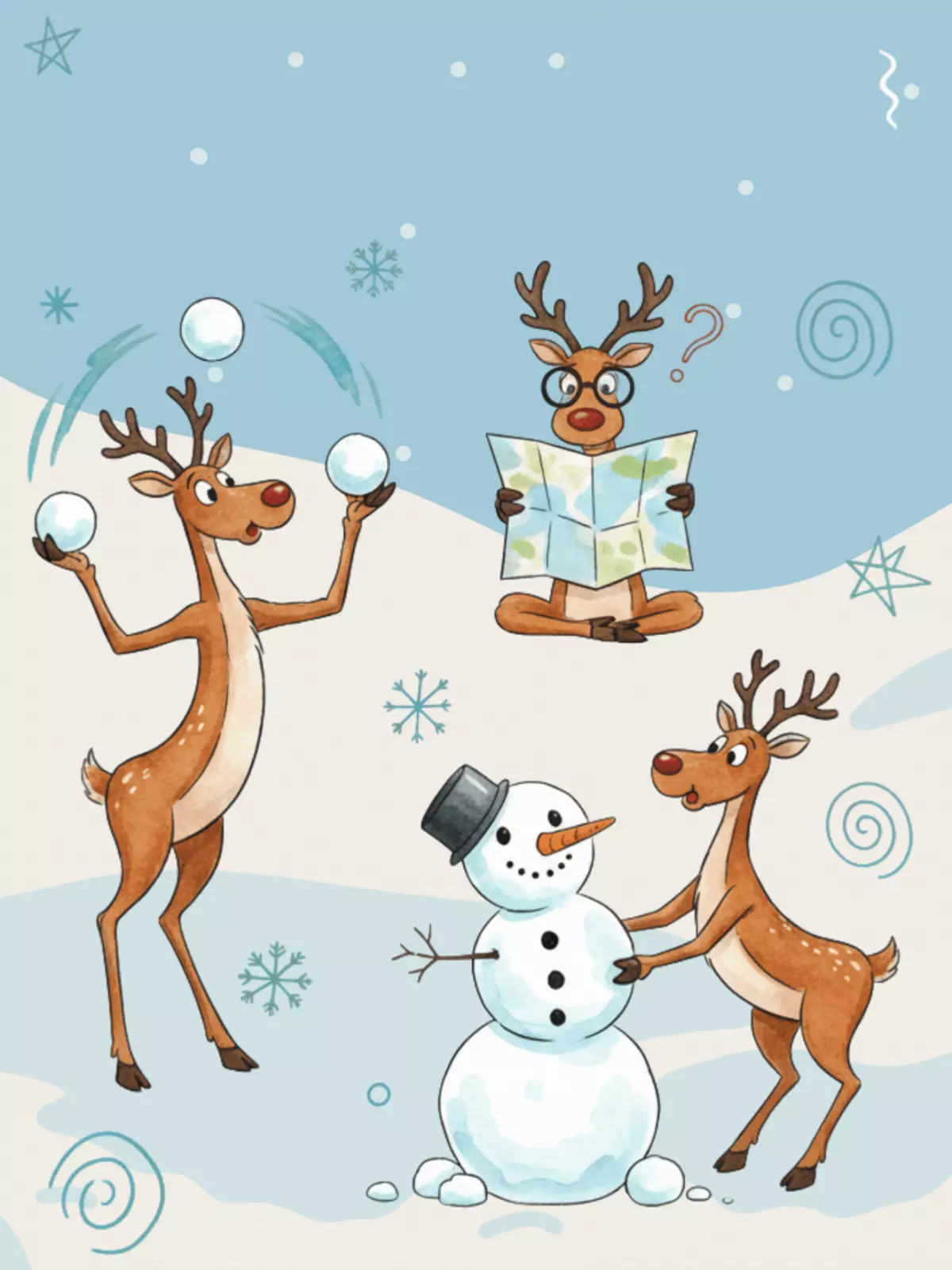 Funny Christmas card featuring hand-drawn watercolor reindeer playing games in the snow, whimsical and artistic design.