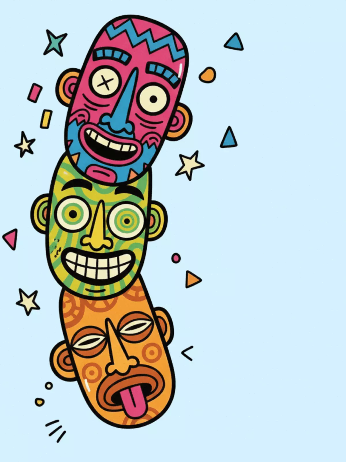 Funny get well card featuring a whimsical totem pole with African tribal patterns, cheerful colors, and a lighthearted design.