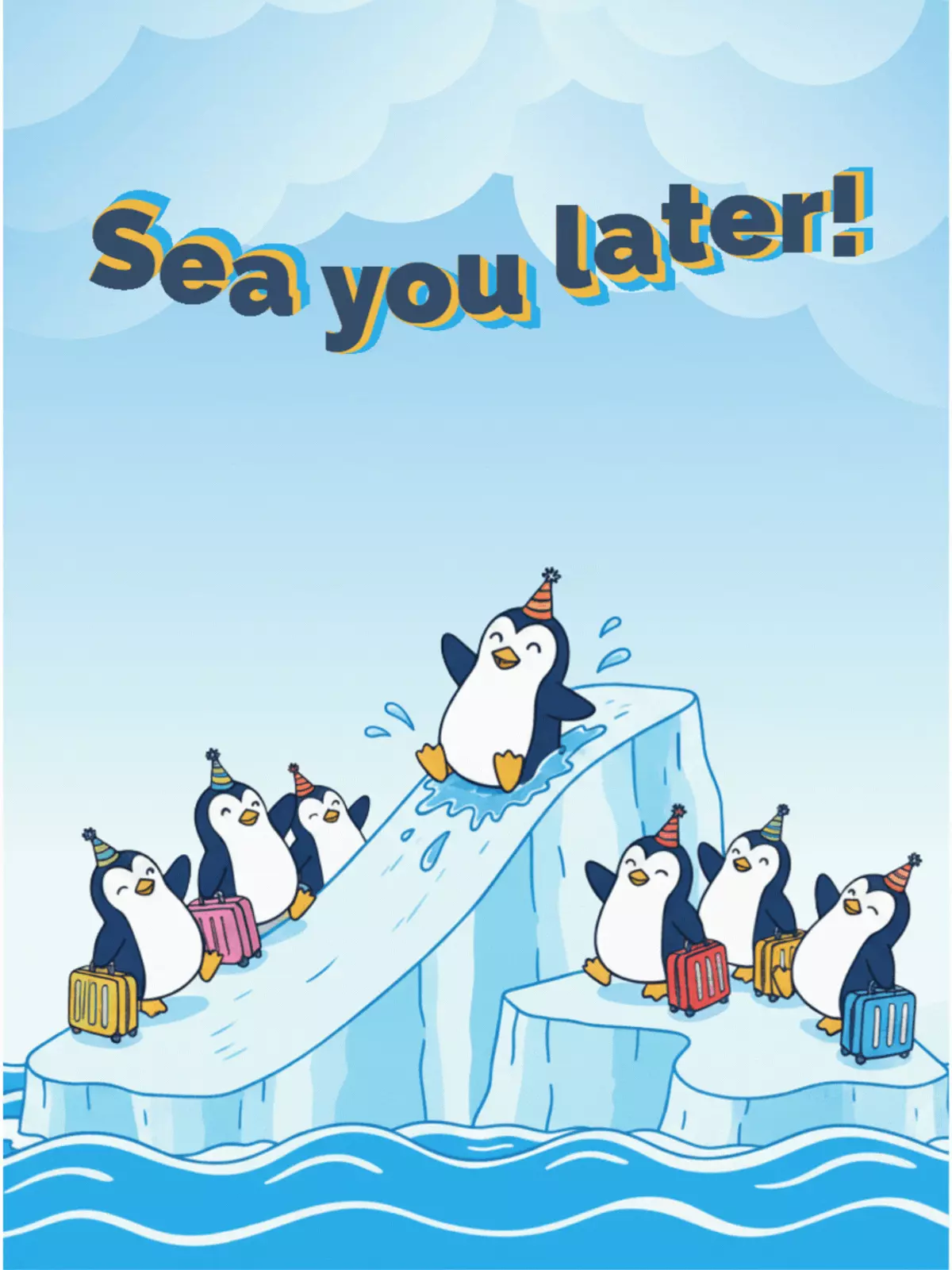 Funny farewell card illustration featuring penguins having a goodbye party with playful puns and bright colors.