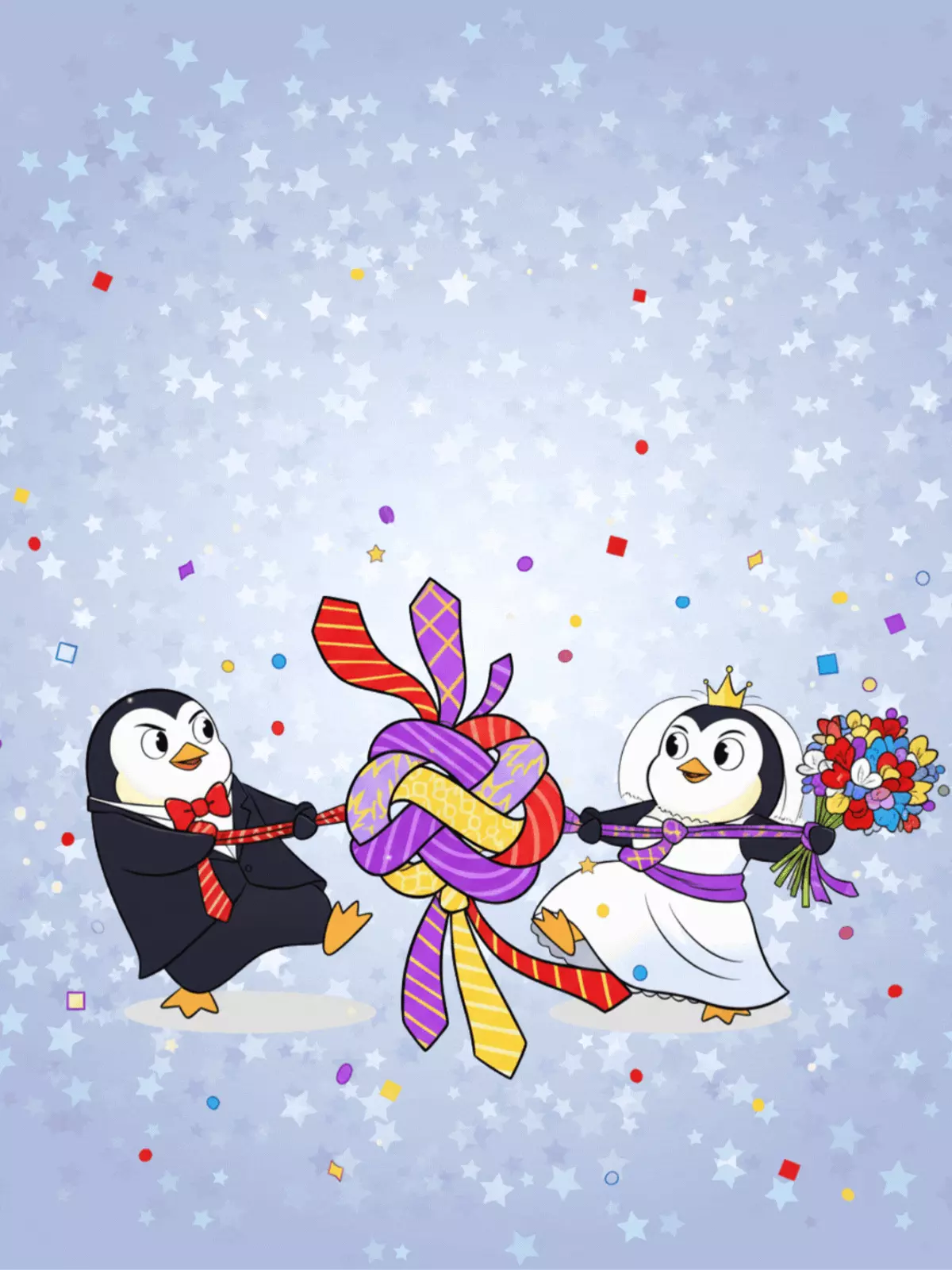 Humorous wedding card featuring colorful neckties tied in a knot, uppercase text 'TIE THE KNOT!', funny wedding illustration.