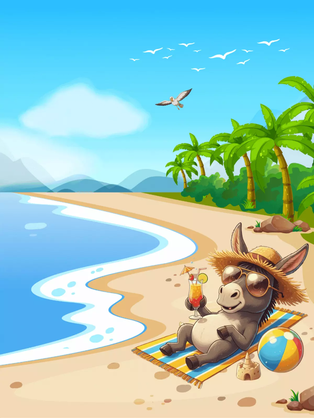 Humorous illustration of a donkey relaxing on a Mediterranean beach, wearing sunglasses and a hat, funny 'Just Because' greeting card.