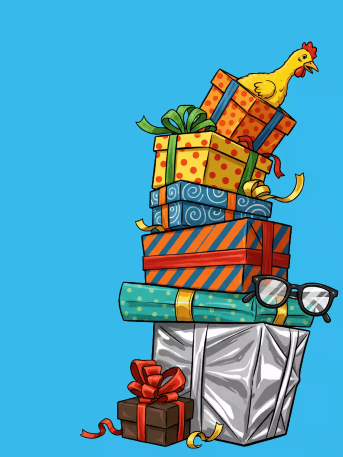 Colorful birthday card with a funny asymmetrical design featuring stacked presents, perfect for celebrating a friend's or family member's birthday.