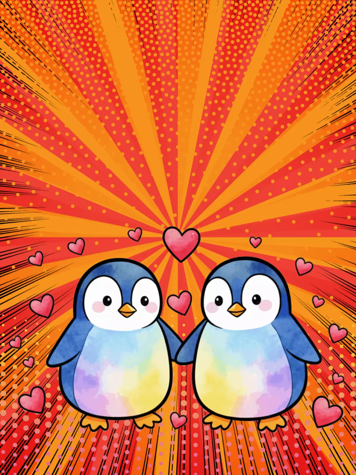 Anniversary card featuring two colorful penguins in a pop art watercolor style, celebrating love and happiness. Modern and romantic design.