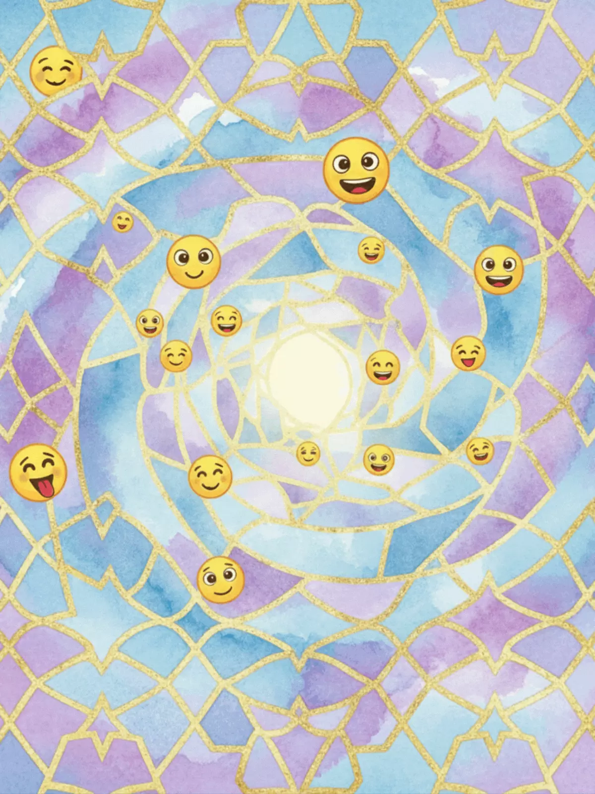 Watercolor congratulations card featuring an Islamic geometric galaxy pattern with smiling emojis as stars. Celebratory and artistic design.