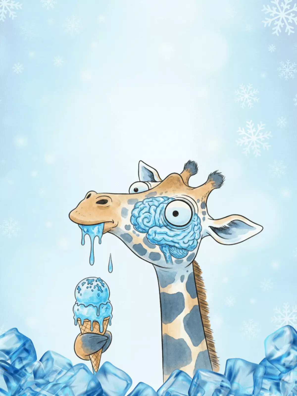 Monochromatic watercolor-style greeting card featuring a cartoon giraffe with ice cream brain freeze, humorous and quirky design.