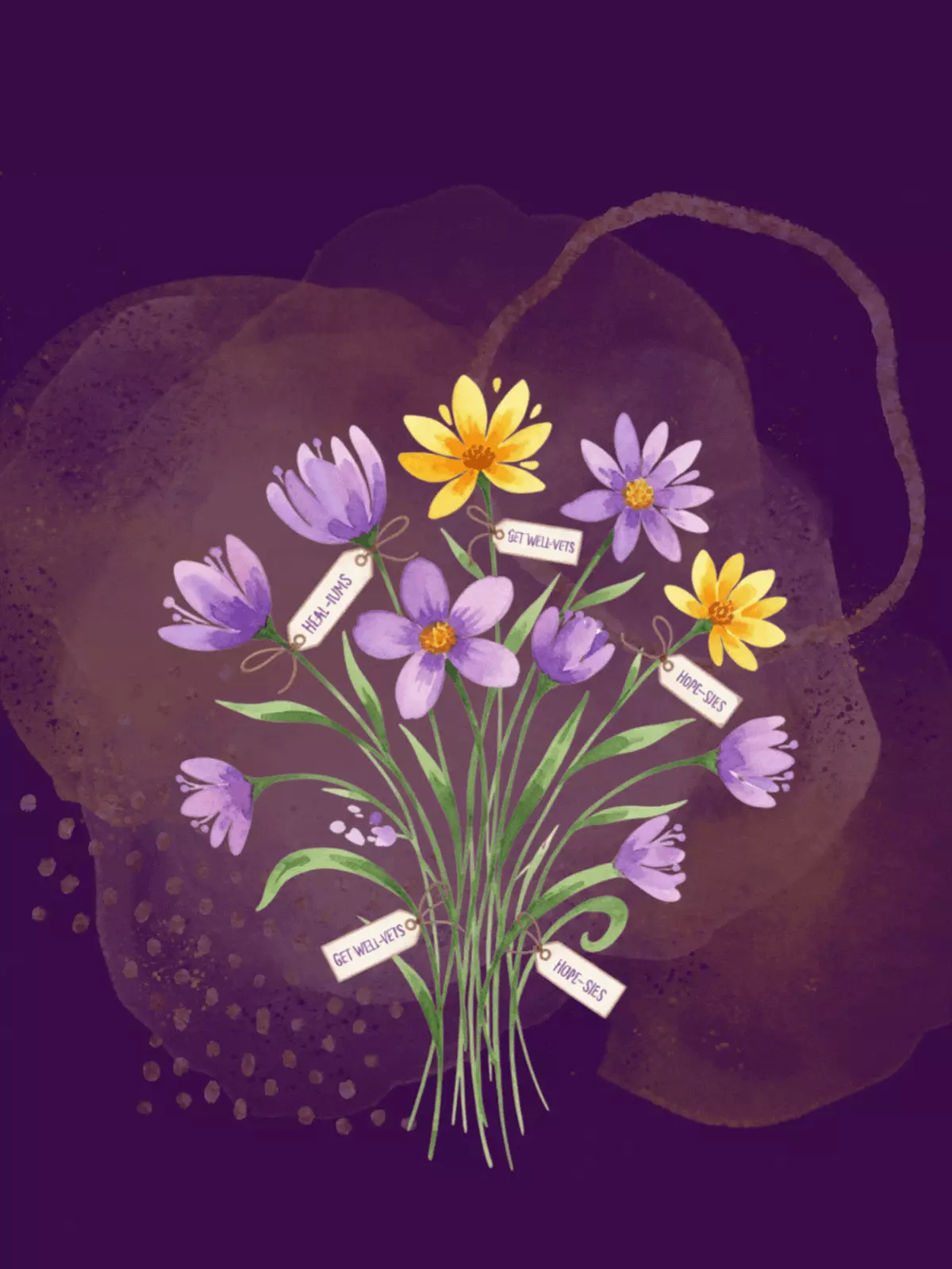 Funny get well card featuring a watercolor bouquet of punny flowers in complementary colors, including 'Heal-iums' and 'Get Well-vets'.