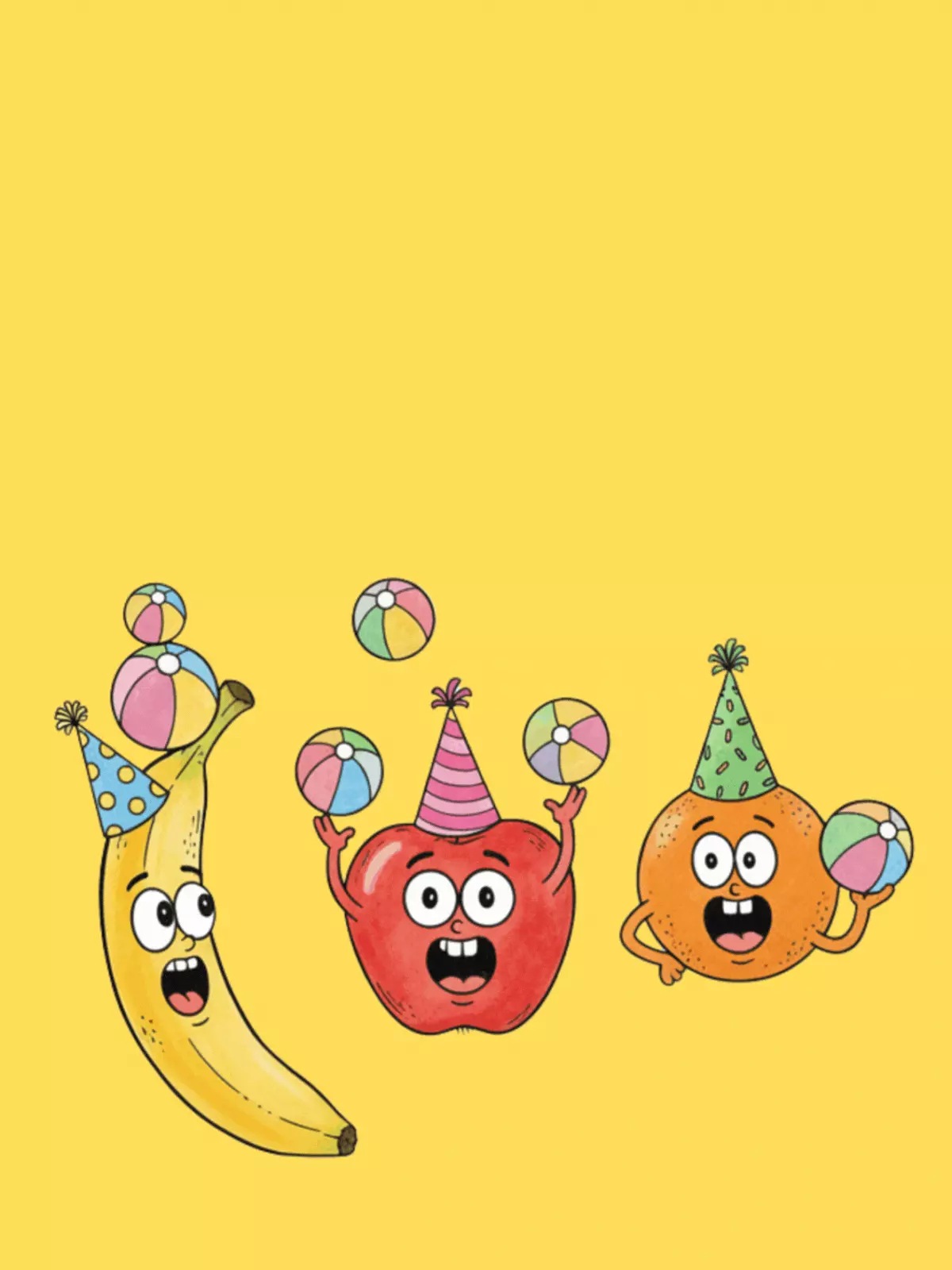 Whimsical watercolor greeting card featuring funny anthropomorphic fruits with expressive faces, perfect for a "Thinking of You" message