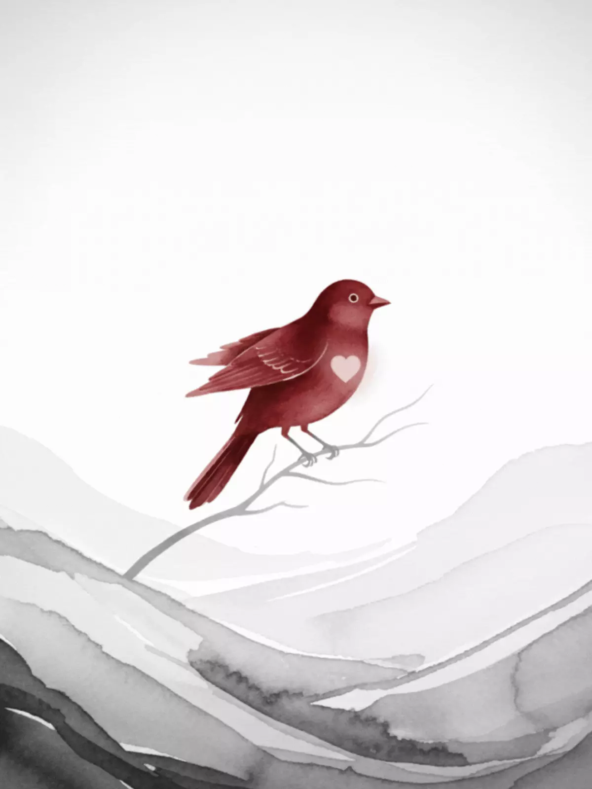 Minimalist black and white watercolor sympathy card featuring a landscape and a single red bird symbolizing hope and resilience.