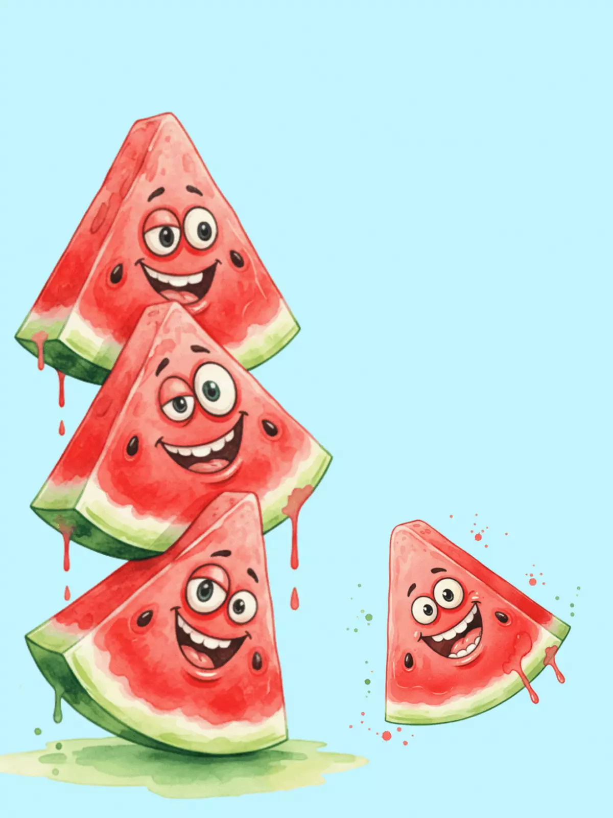 Funny watercolor greeting card featuring stacked watermelon slices, bright colors, whimsical design, for sending 'Thinking of You' wishes.