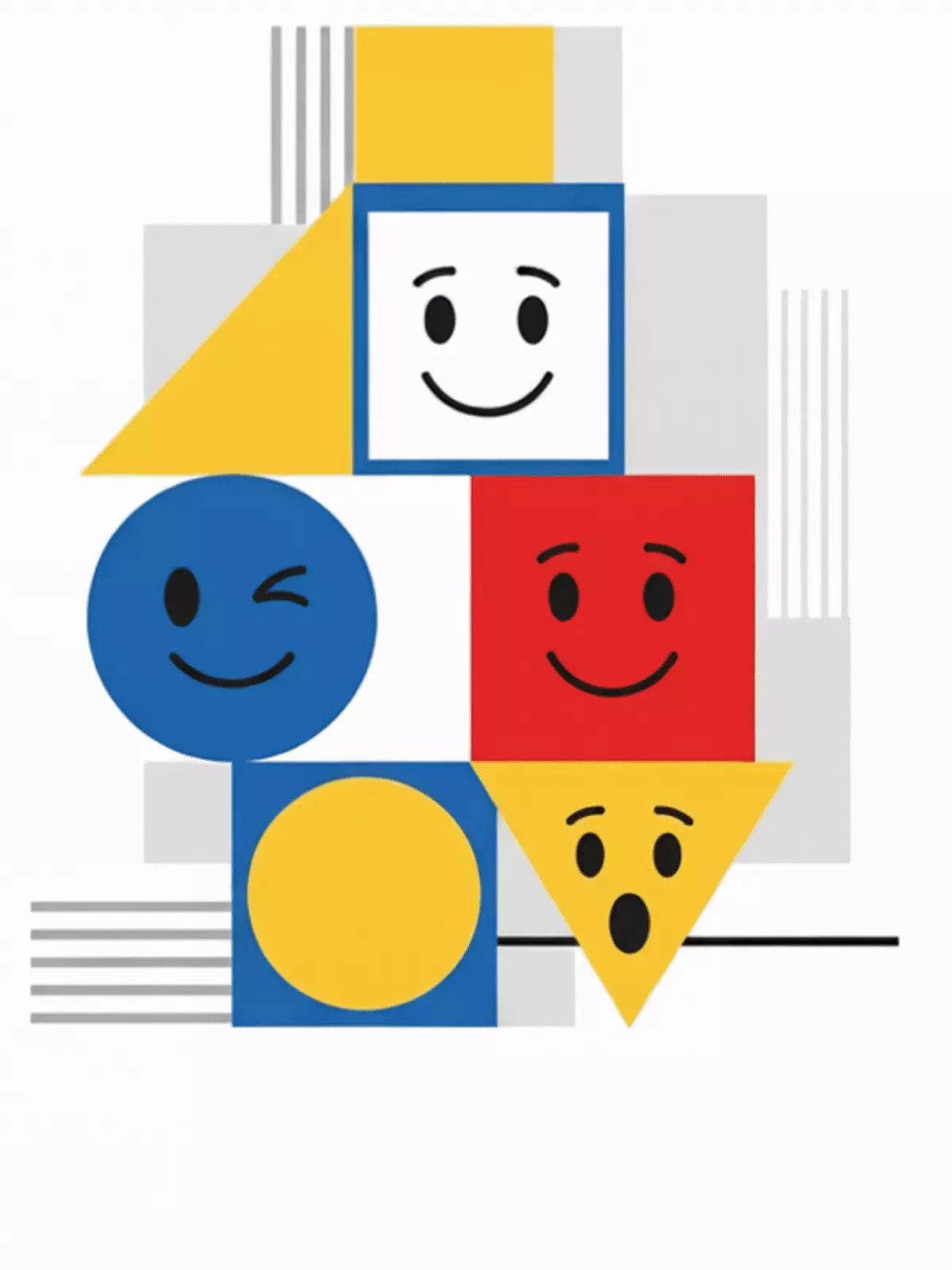 Bauhaus-inspired new baby card featuring geometric shapes and primary colors, modern and playful design.